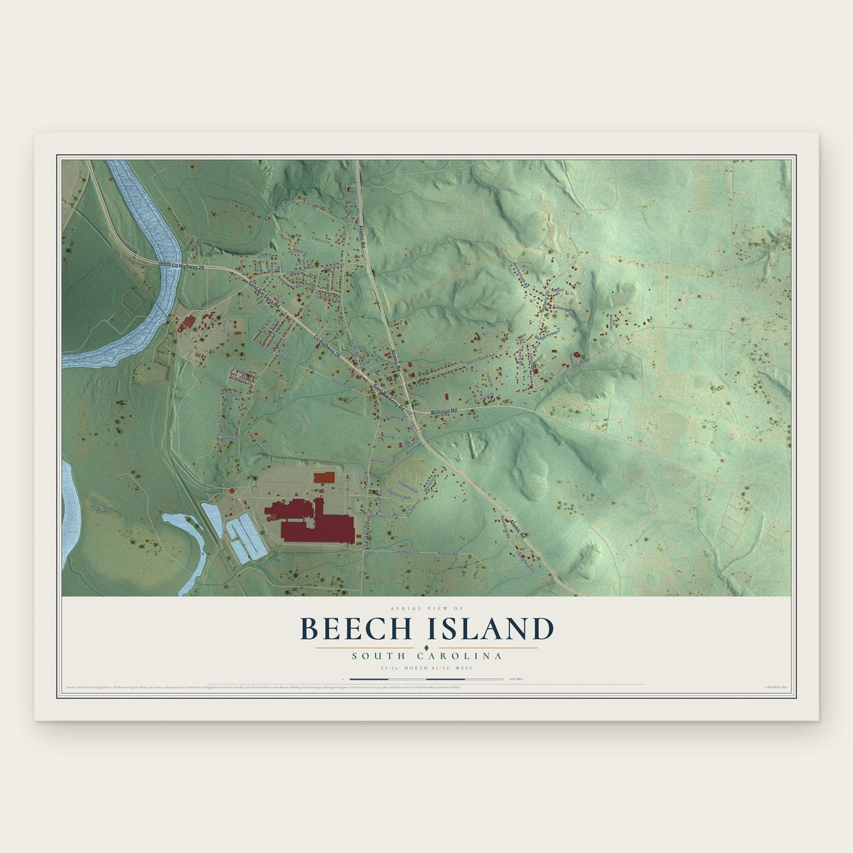 Beech Island, South Carolina map print, the full design