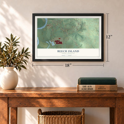 Beech Island, South Carolina map, 12 x 18 inch print in a black frame in an entryway