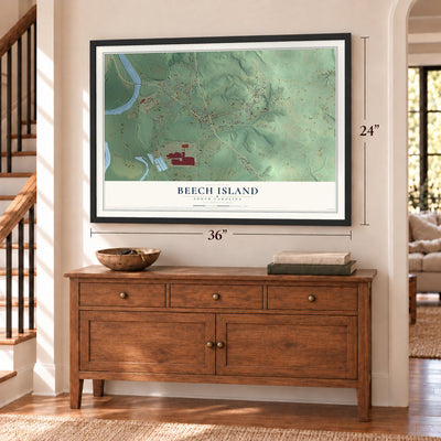 Beech Island, South Carolina map, 24 x 36 inch print in a black frame above a dresser by a staircase