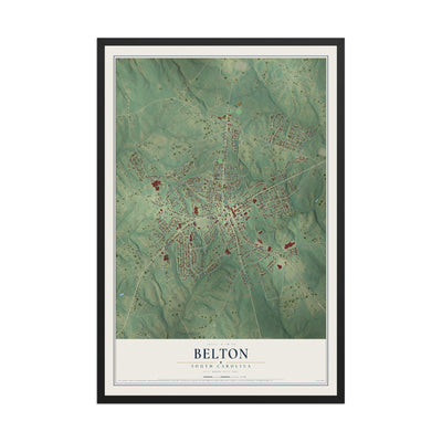 Map of Belton, South Carolina, 12 x 18 inch print in a black wood frame