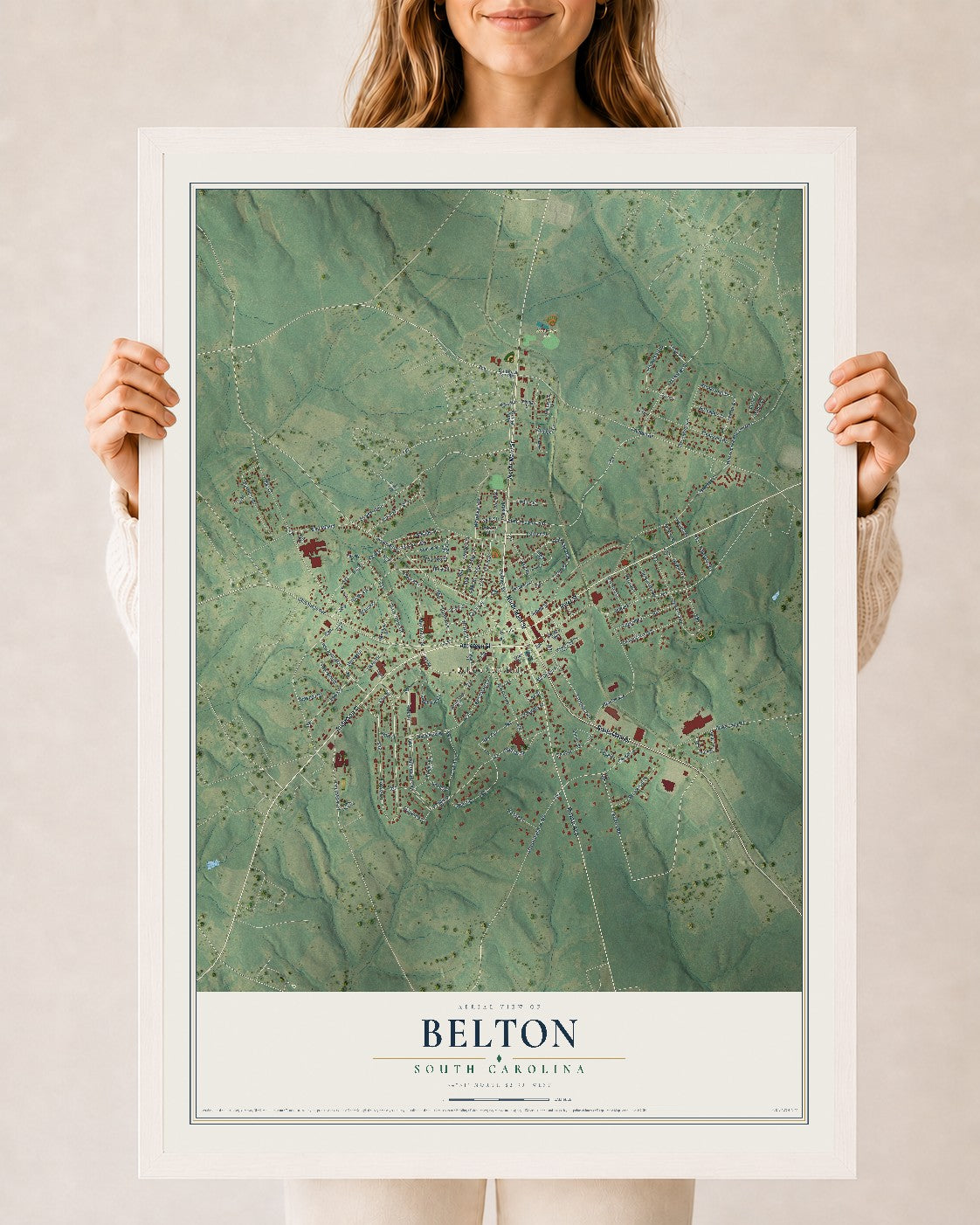 Map of Belton, South Carolina, 24 x 36 inch print in a white wood frame