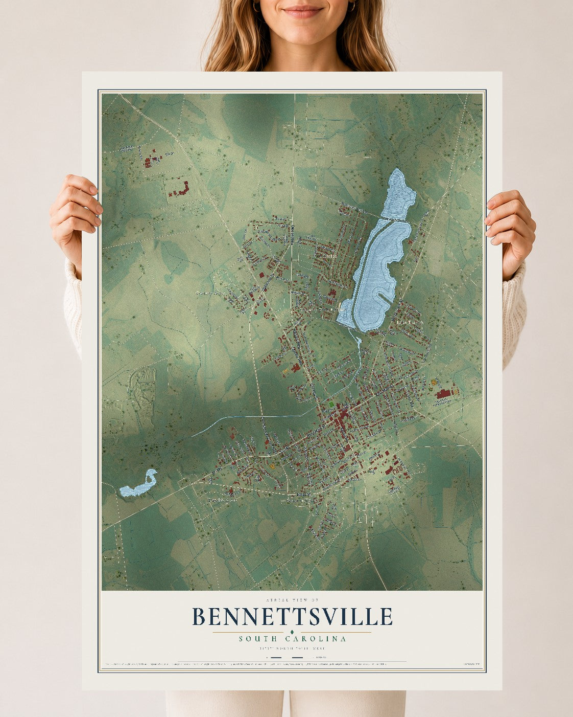 Map of Bennettsville, South Carolina, 24 x 36 inch unframed archival matte print