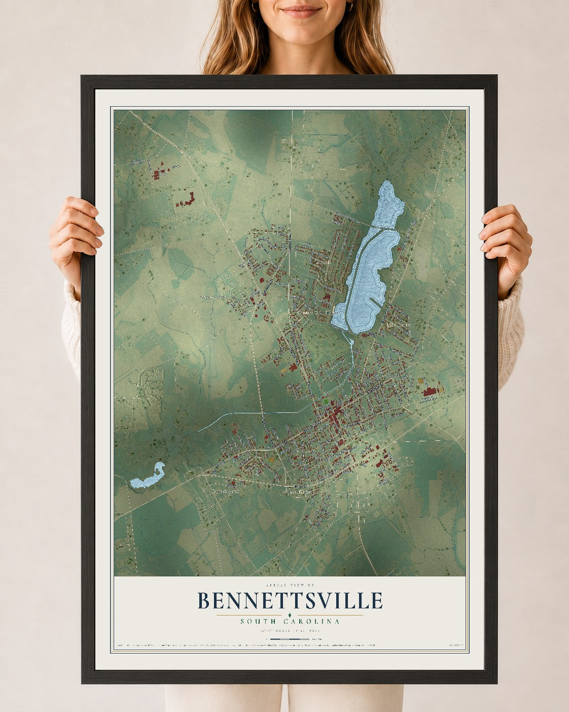 Map of Bennettsville, South Carolina, 24 x 36 inch print in a black wood frame