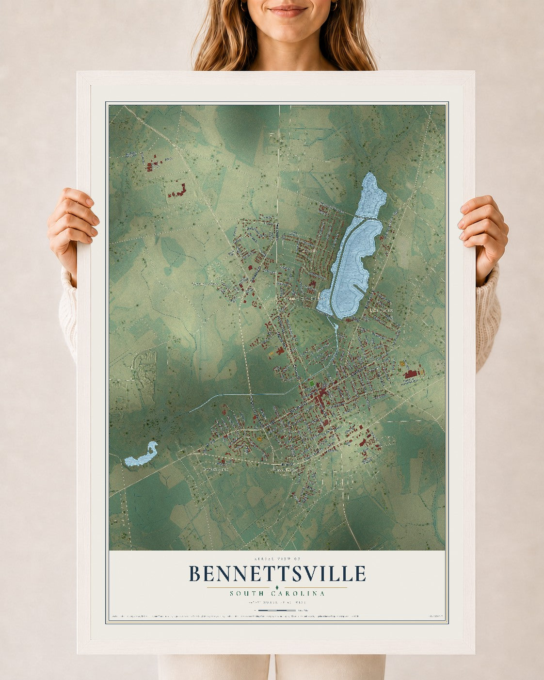 Map of Bennettsville, South Carolina, 24 x 36 inch print in a white wood frame
