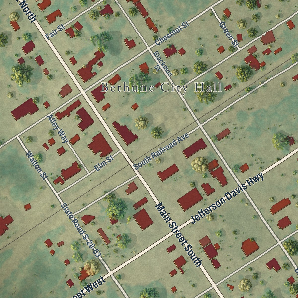 Close-up of the map of Bethune, South Carolina print showing street and building detail