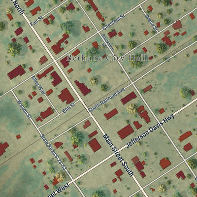 Close-up of the map of Bethune, South Carolina print showing street and building detail