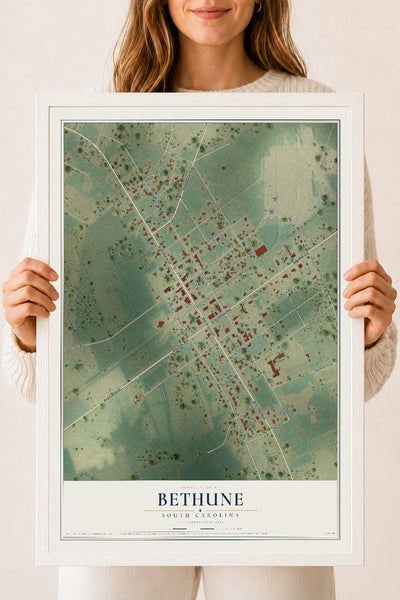 Map of Bethune, South Carolina, 18 x 24 inch print in a white wood frame