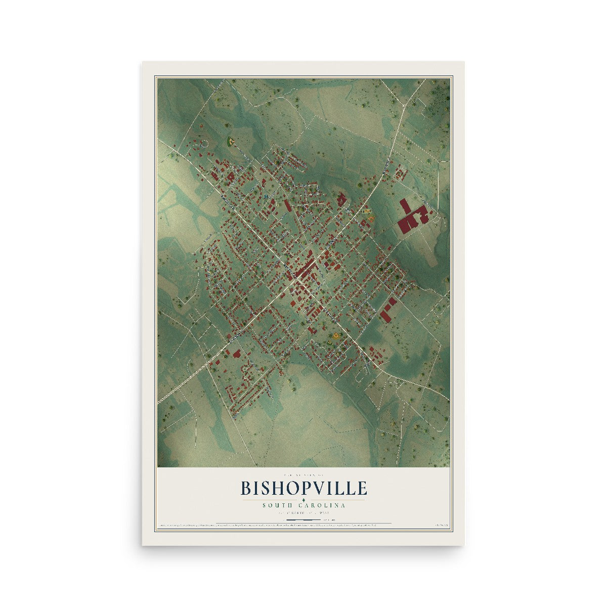 Map of Bishopville, South Carolina, 12 x 18 inch unframed archival matte print
