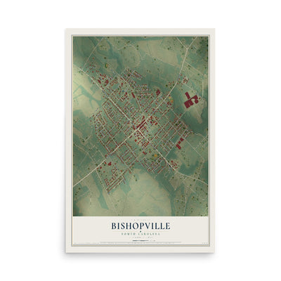 Map of Bishopville, South Carolina, 12 x 18 inch unframed archival matte print