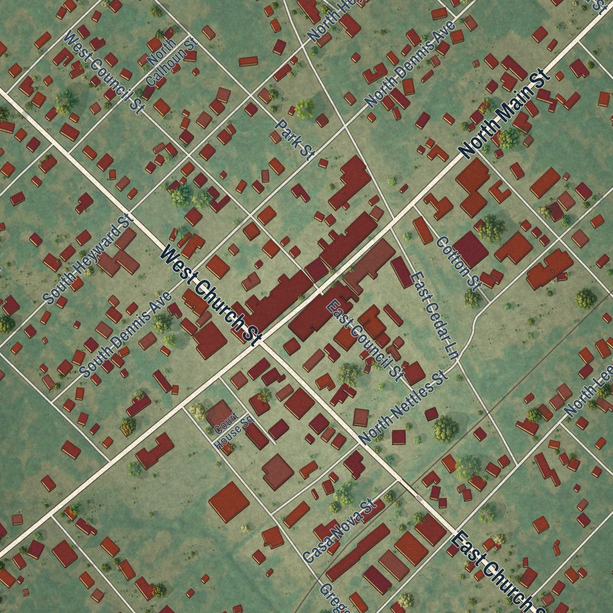 Close-up of the map of Bishopville, South Carolina print showing street and building detail