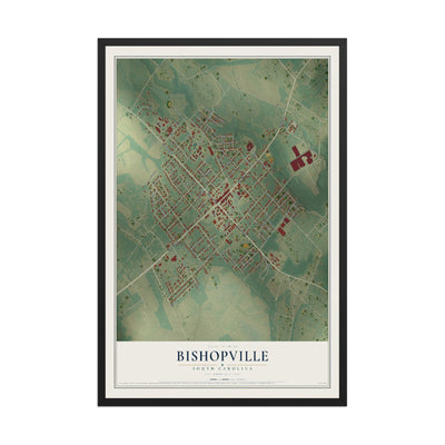 Map of Bishopville, South Carolina, 12 x 18 inch print in a black wood frame