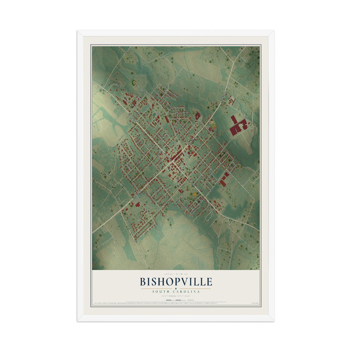 Map of Bishopville, South Carolina, 12 x 18 inch print in a white wood frame