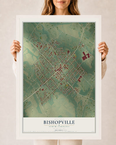 Map of Bishopville, South Carolina, 24 x 36 inch print in a white wood frame