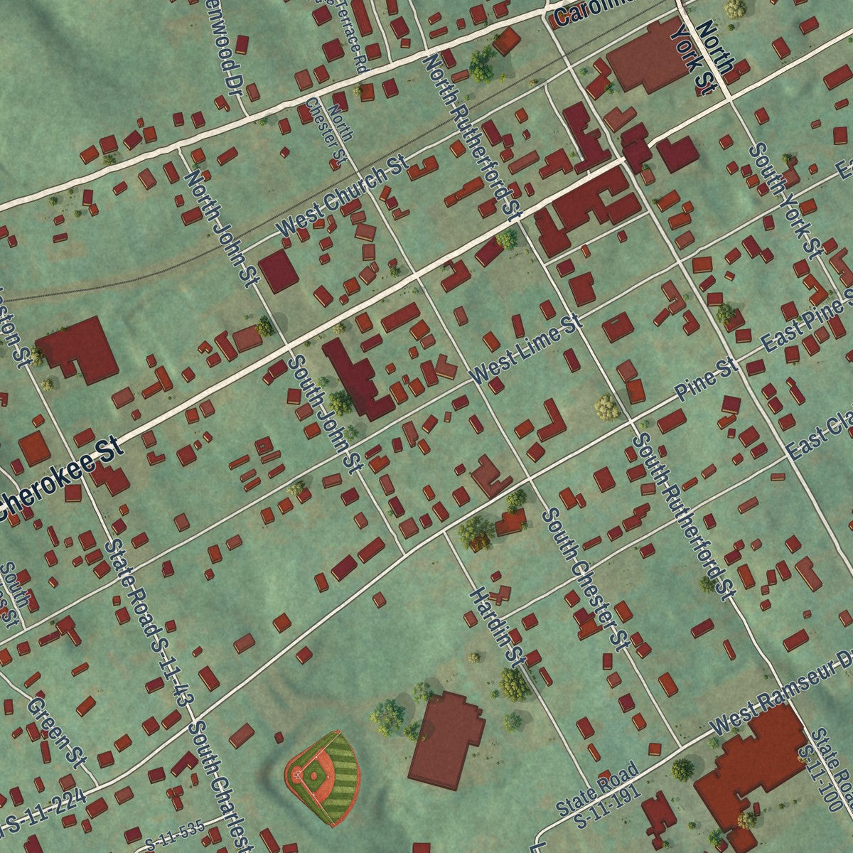 Close-up of the map of Blacksburg, South Carolina print showing street and building detail