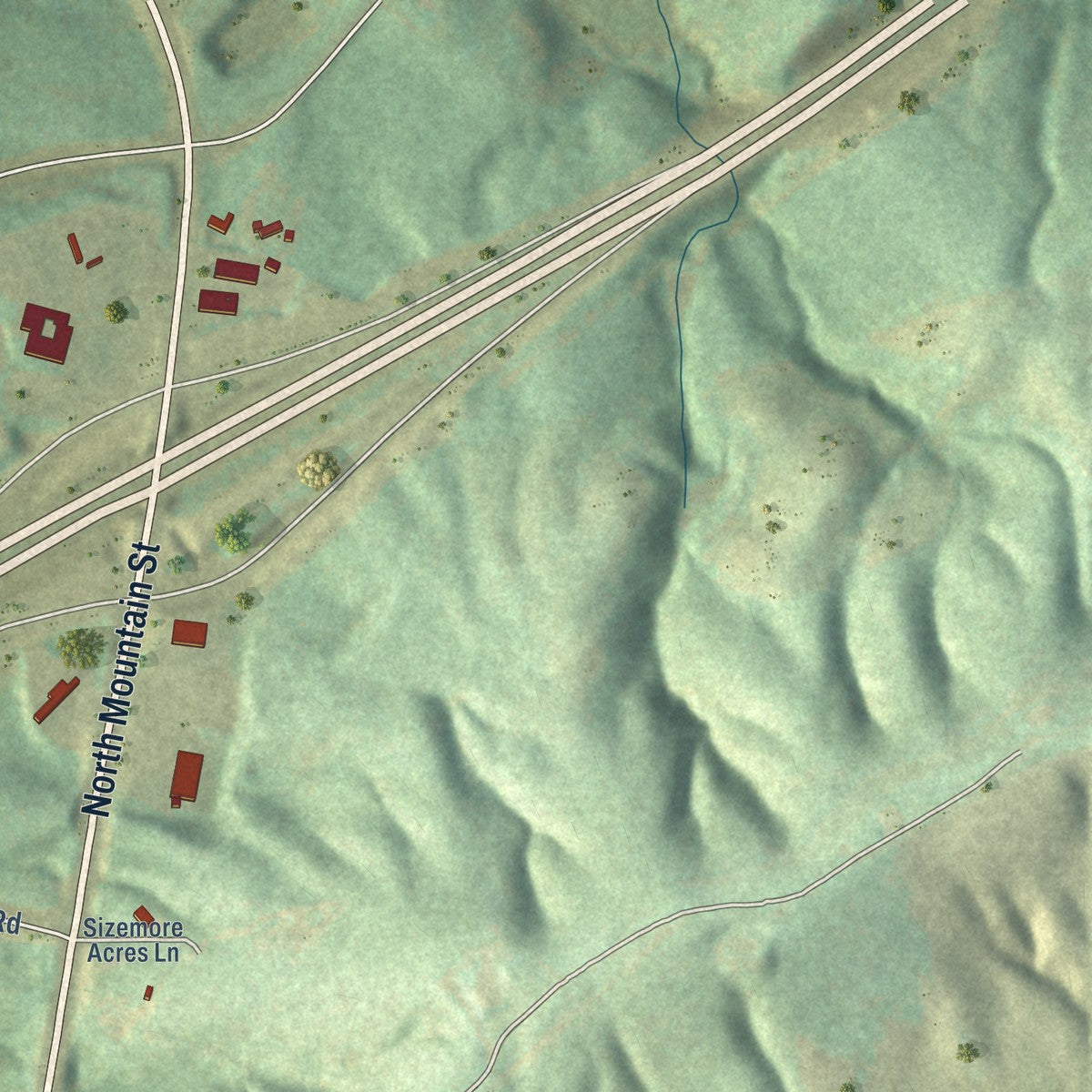Second close-up of the map of Blacksburg, South Carolina print showing more streets and buildings