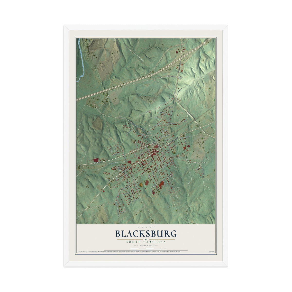 Map of Blacksburg, South Carolina, 12 x 18 inch print in a white wood frame