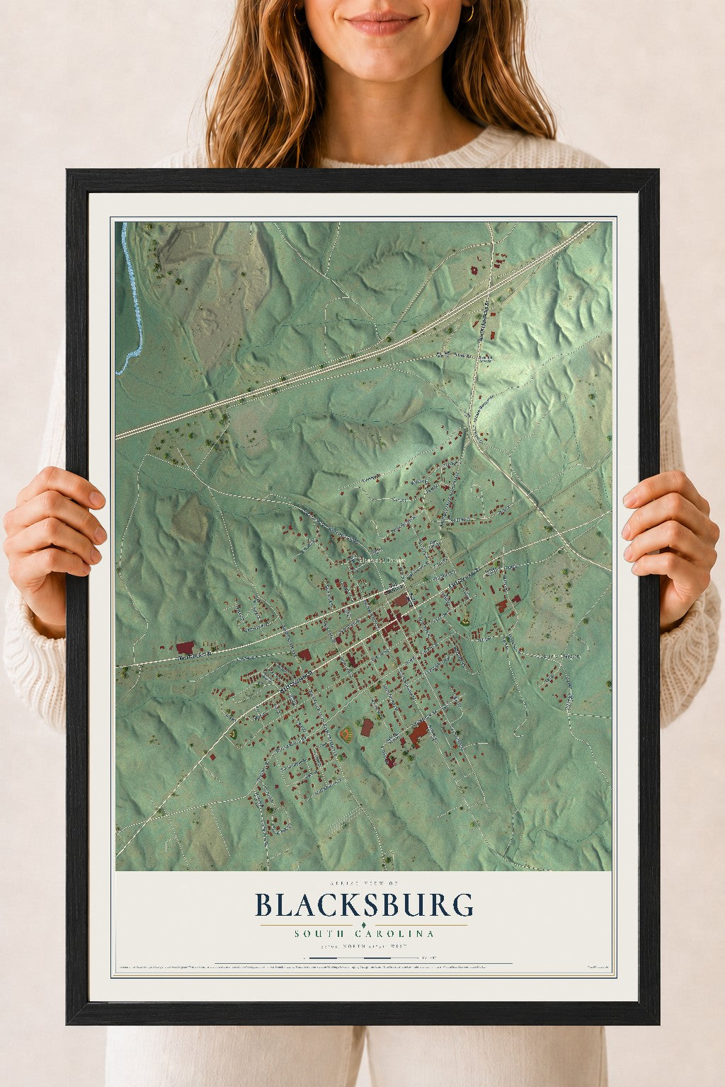Map of Blacksburg, South Carolina, 18 x 24 inch print in a black wood frame