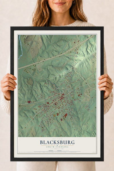 Map of Blacksburg, South Carolina, 18 x 24 inch print in a black wood frame
