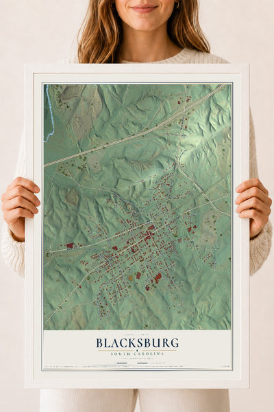 Map of Blacksburg, South Carolina, 18 x 24 inch print in a white wood frame