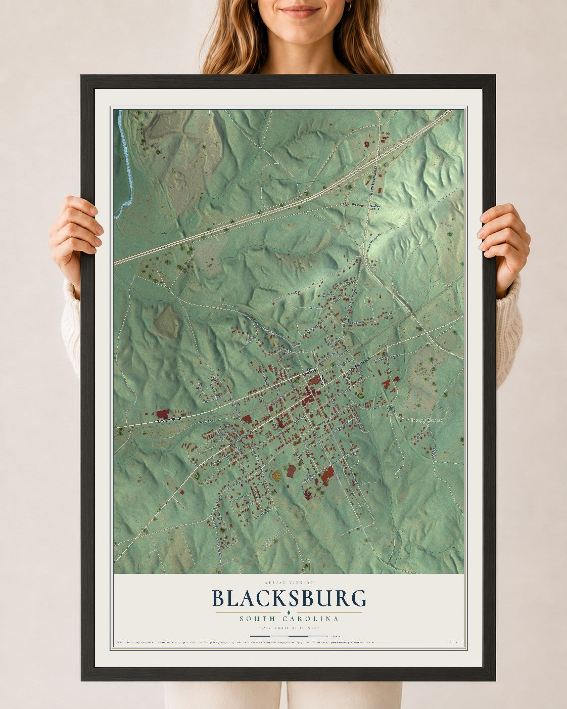 Map of Blacksburg, South Carolina, 24 x 36 inch print in a black wood frame