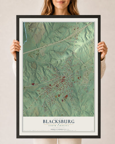 Map of Blacksburg, South Carolina, 24 x 36 inch print in a black wood frame