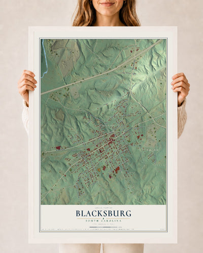 Map of Blacksburg, South Carolina, 24 x 36 inch print in a white wood frame