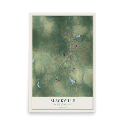 Map of Blackville, South Carolina, 12 x 18 inch unframed archival matte print