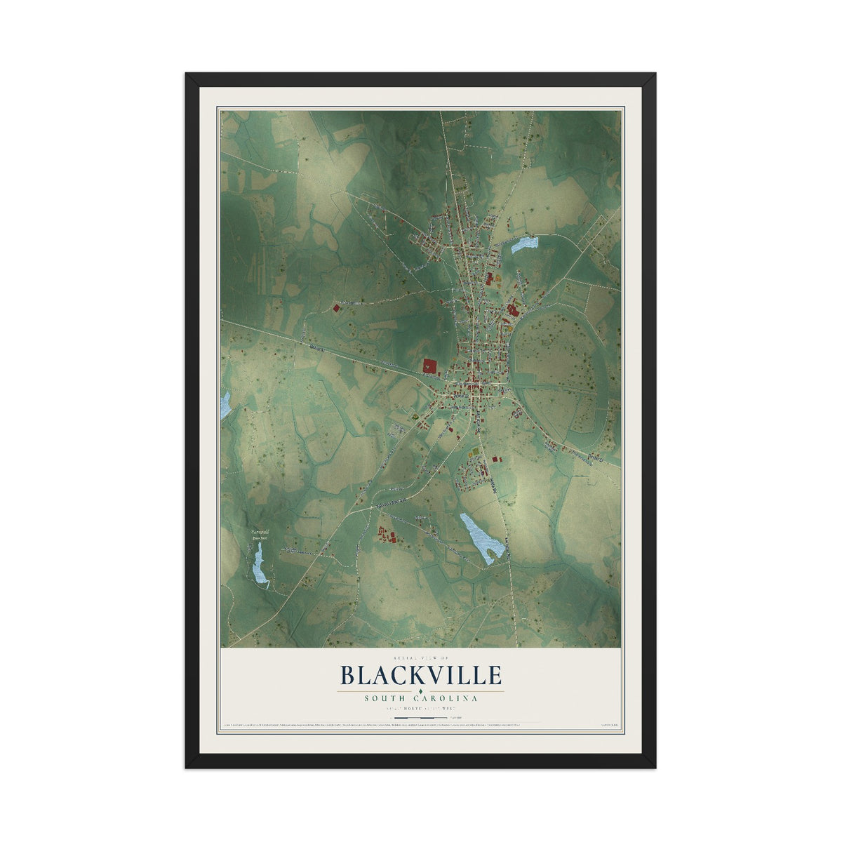 Map of Blackville, South Carolina, 12 x 18 inch print in a black wood frame