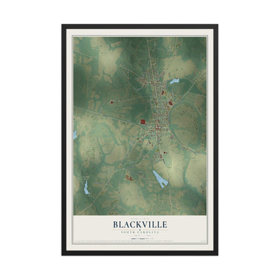 Map of Blackville, South Carolina, 12 x 18 inch print in a black wood frame