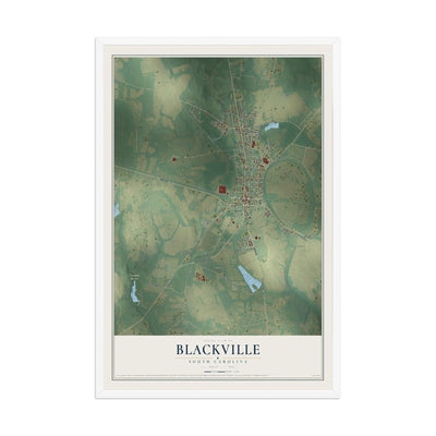 Map of Blackville, South Carolina, 12 x 18 inch print in a white wood frame