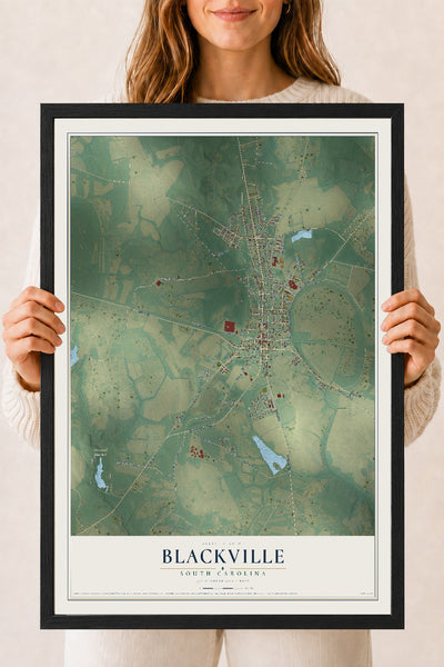 Map of Blackville, South Carolina, 18 x 24 inch print in a black wood frame