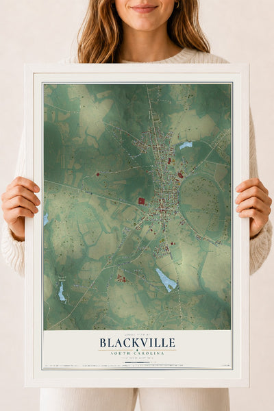 Map of Blackville, South Carolina, 18 x 24 inch print in a white wood frame