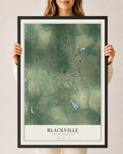 Map of Blackville, South Carolina, 24 x 36 inch print in a black wood frame