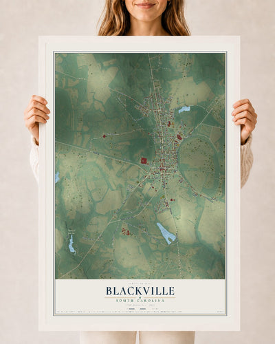 Map of Blackville, South Carolina, 24 x 36 inch print in a white wood frame