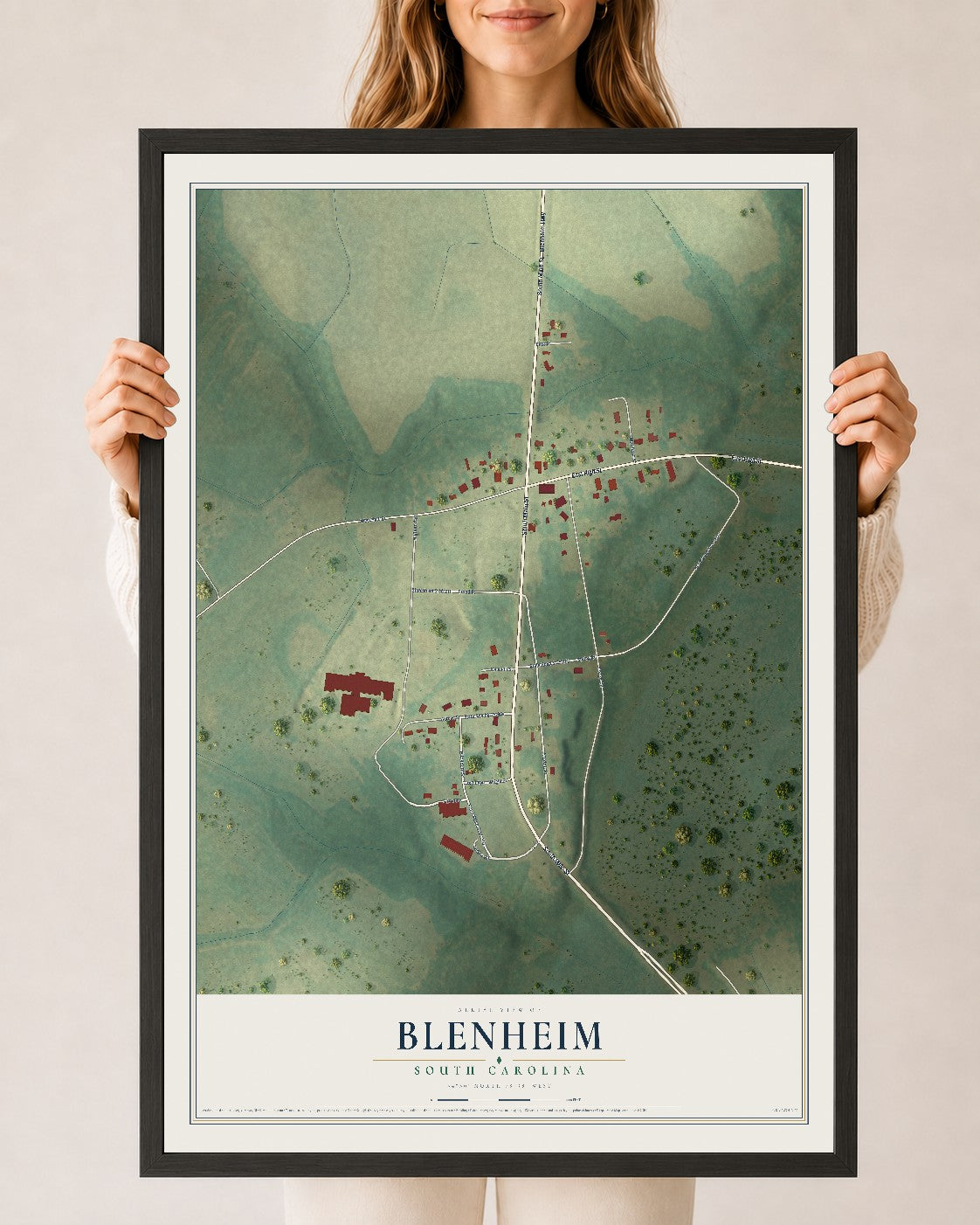Map of Blenheim, South Carolina, 24 x 36 inch print in a black wood frame