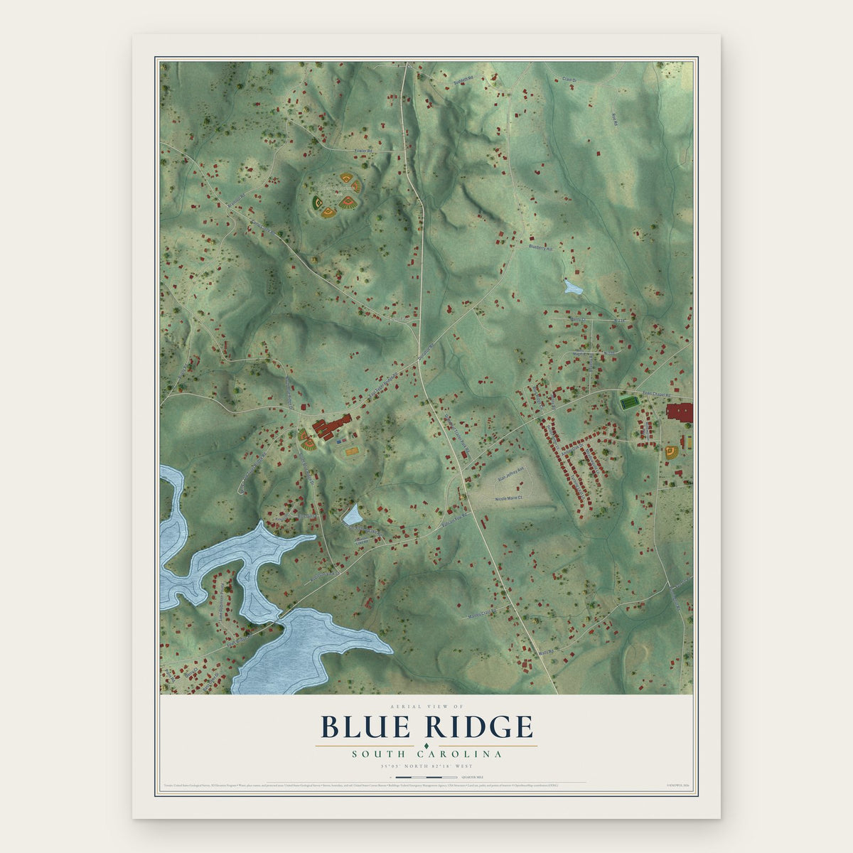 Blue Ridge, South Carolina map print, the full design