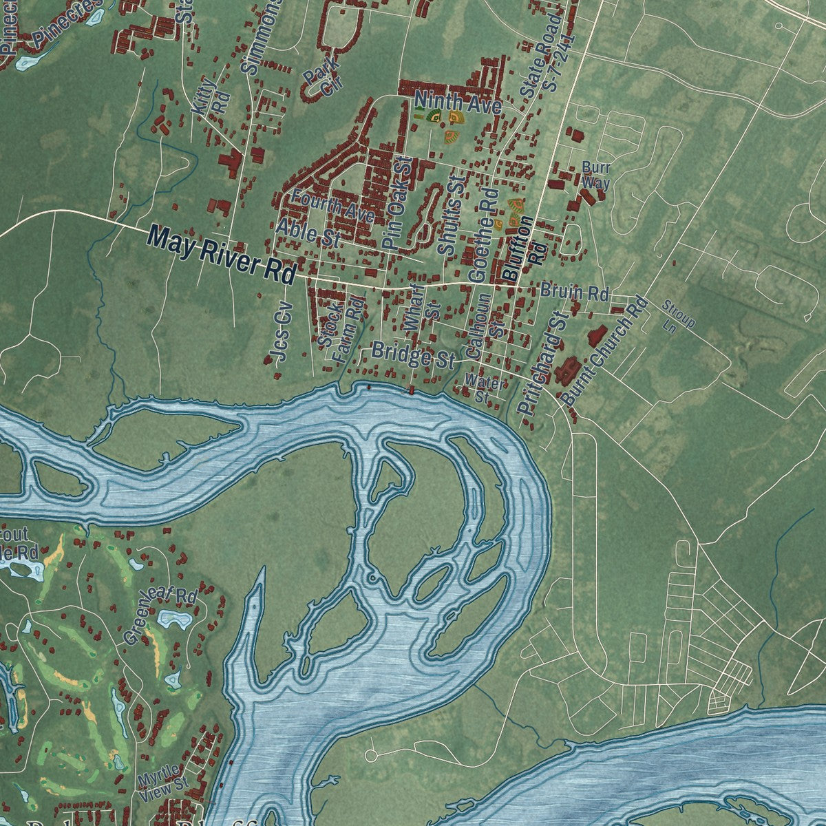 Close-up of the map of Bluffton, South Carolina print showing street and building detail