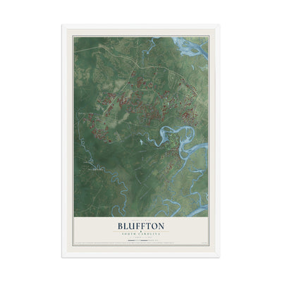 Map of Bluffton, South Carolina, 12 x 18 inch print in a white wood frame