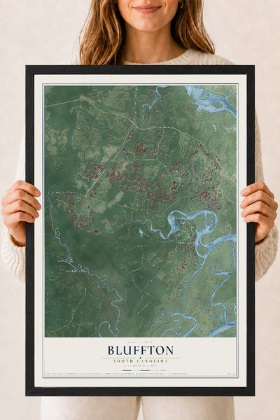 Map of Bluffton, South Carolina, 18 x 24 inch print in a black wood frame