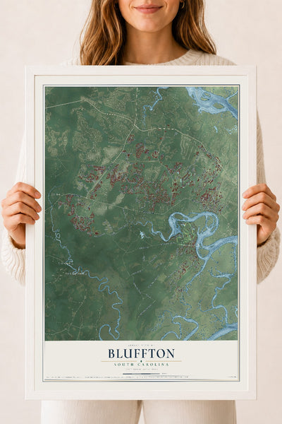 Map of Bluffton, South Carolina, 18 x 24 inch print in a white wood frame
