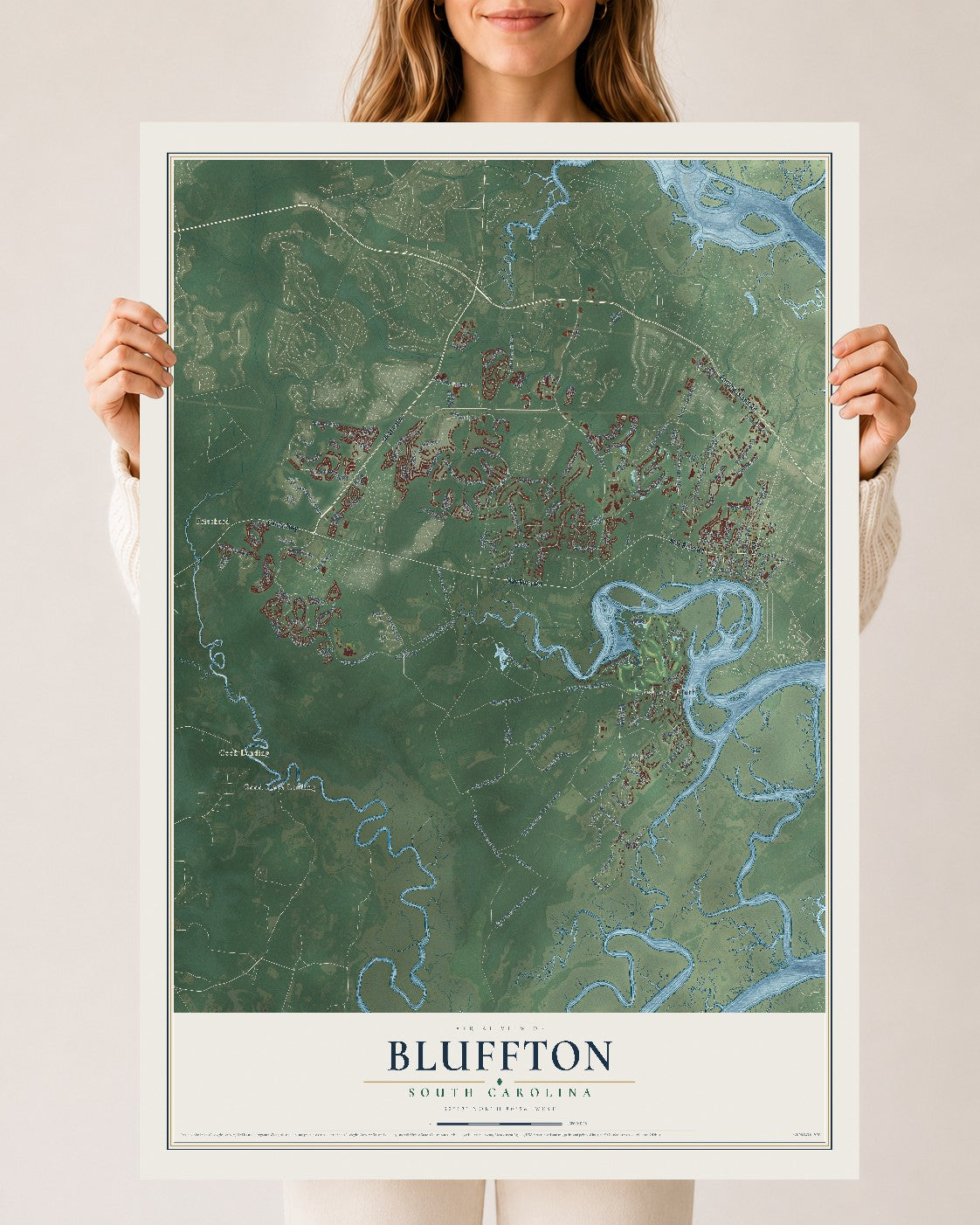 Map of Bluffton, South Carolina, 24 x 36 inch unframed archival matte print