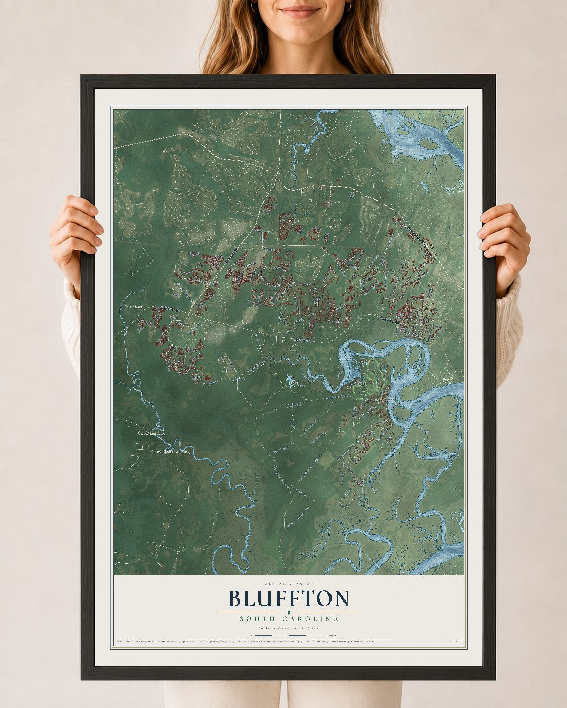 Map of Bluffton, South Carolina, 24 x 36 inch print in a black wood frame