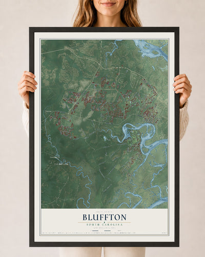 Map of Bluffton, South Carolina, 24 x 36 inch print in a black wood frame