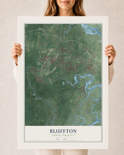 Map of Bluffton, South Carolina, 24 x 36 inch print in a white wood frame