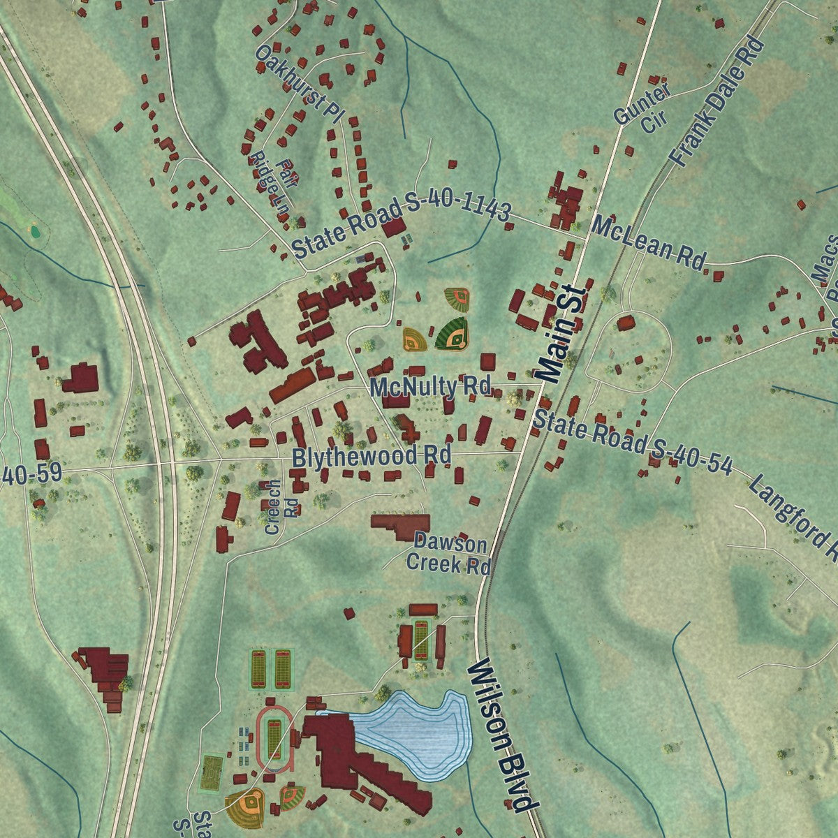 Close-up of the map of Blythewood, South Carolina print showing street and building detail