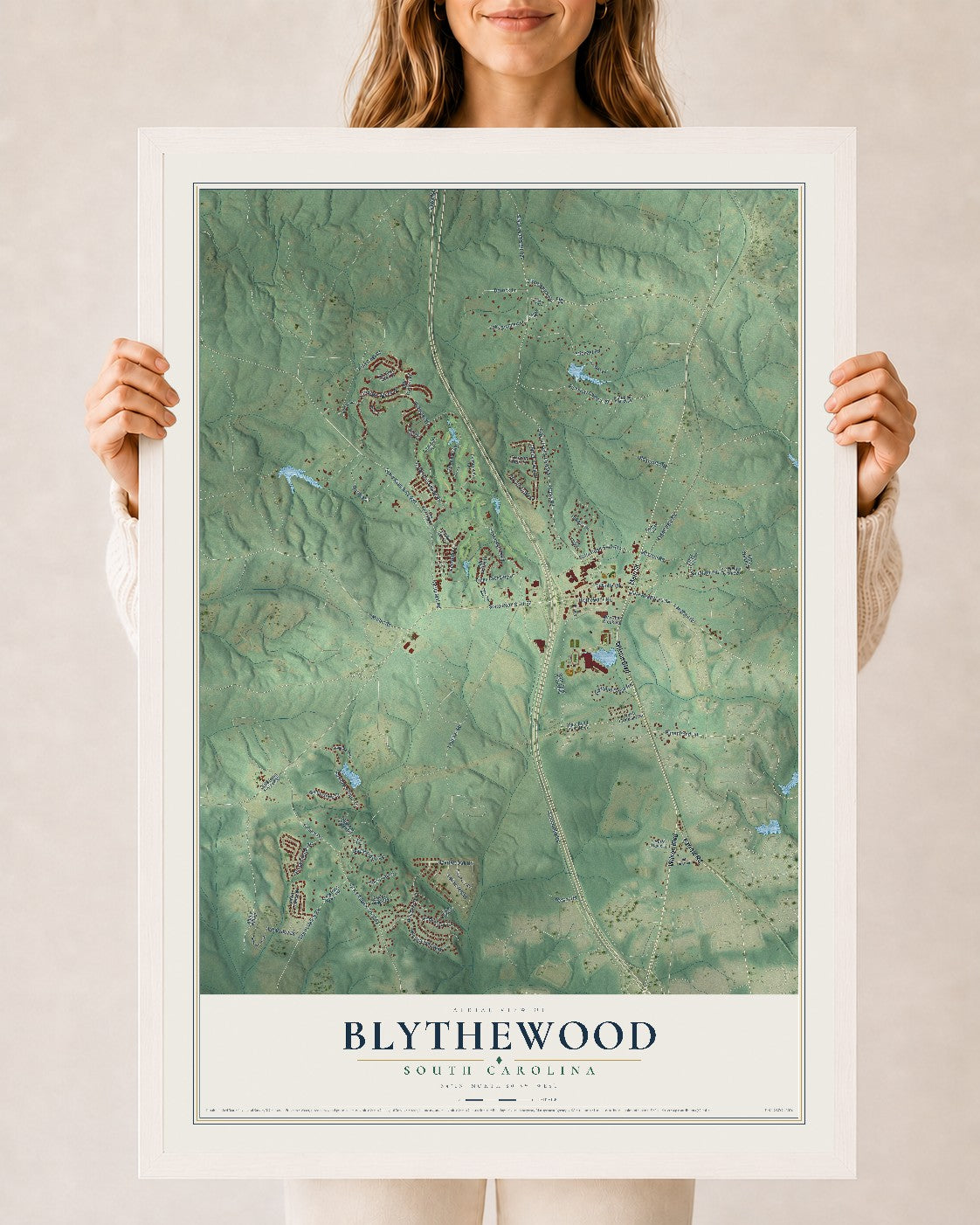 Map of Blythewood, South Carolina, 24 x 36 inch print in a white wood frame