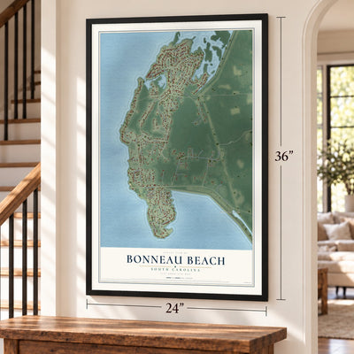 Bonneau Beach, South Carolina map, 24 x 36 inch print in a black frame by a staircase