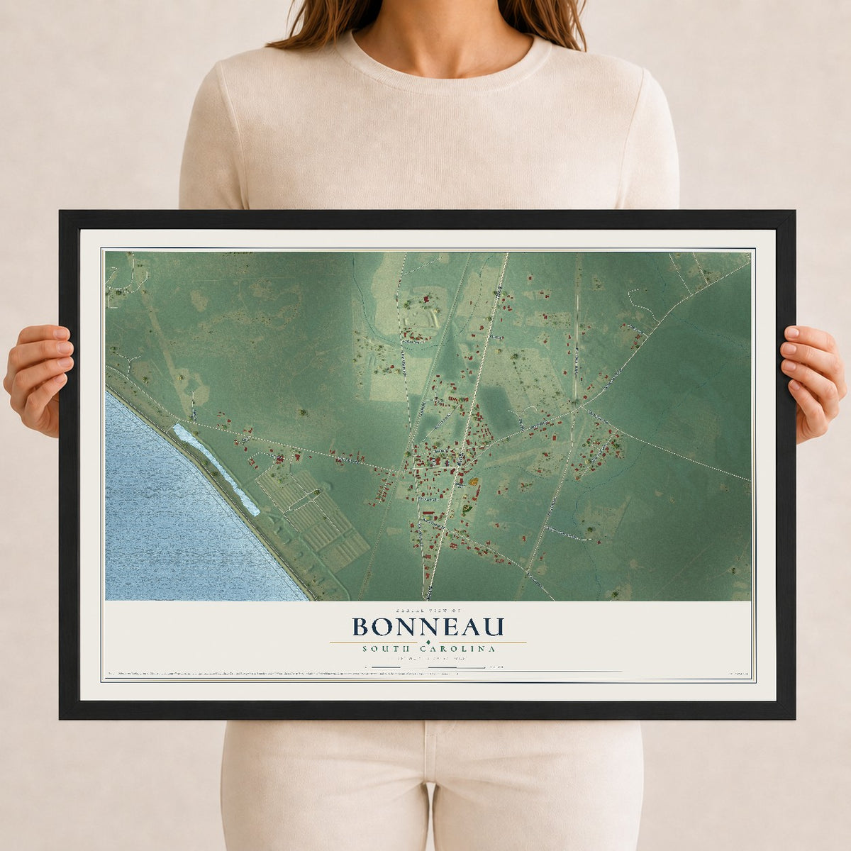 Map of Bonneau, South Carolina, 12 x 18 inch print in a black wood frame
