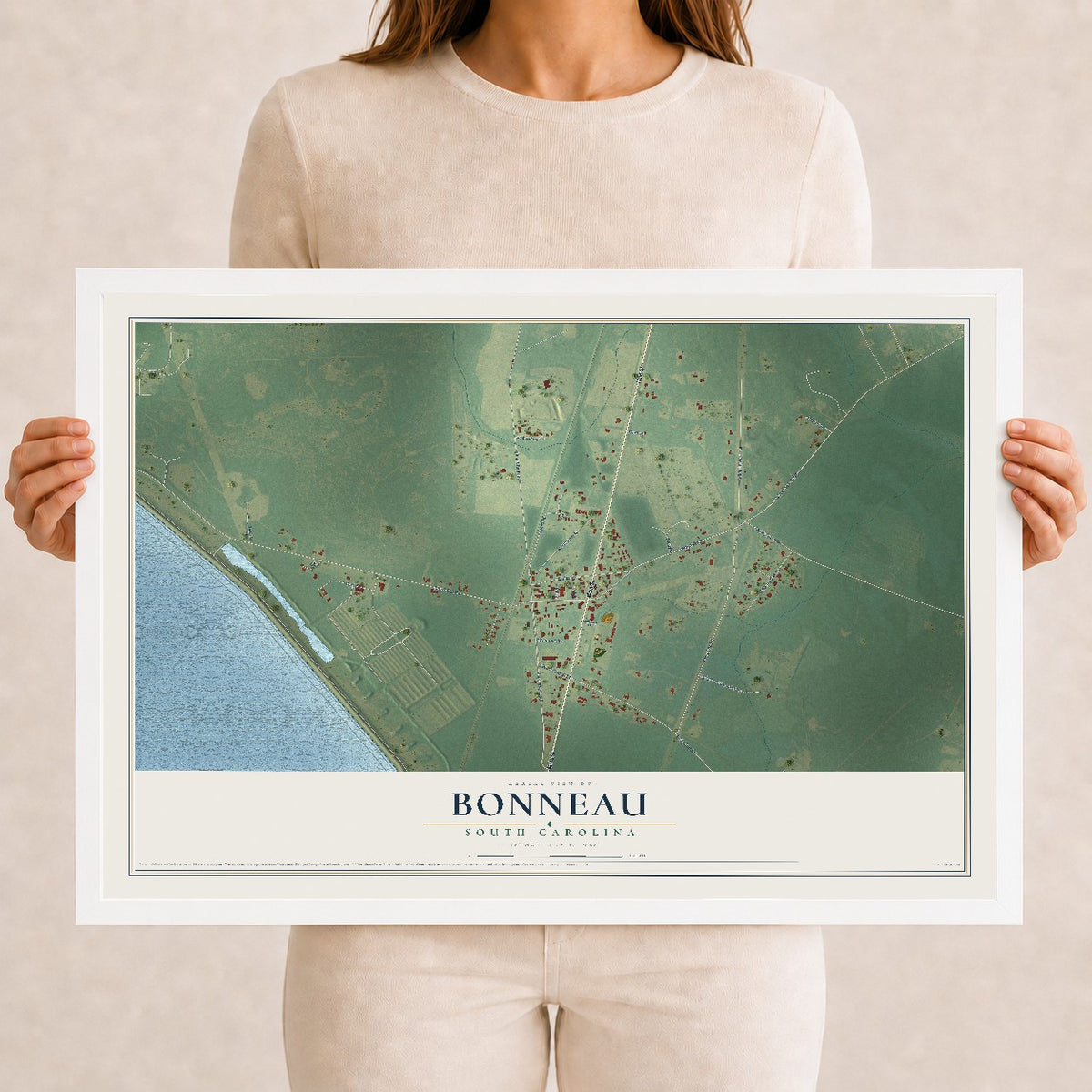Map of Bonneau, South Carolina, 12 x 18 inch print in a white wood frame