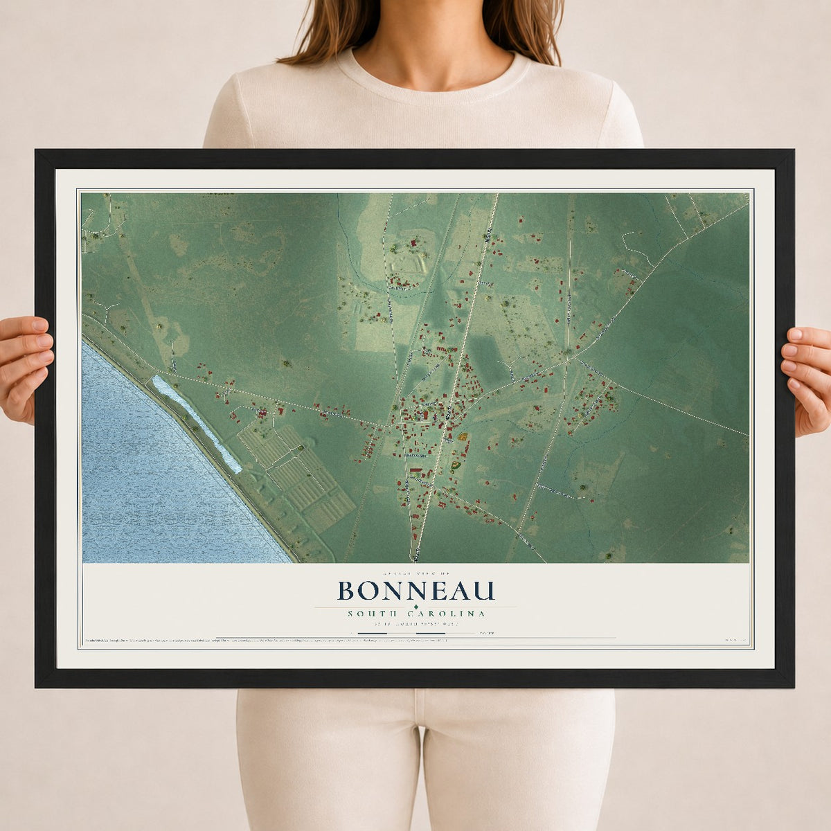 Map of Bonneau, South Carolina, 18 x 24 inch print in a black wood frame